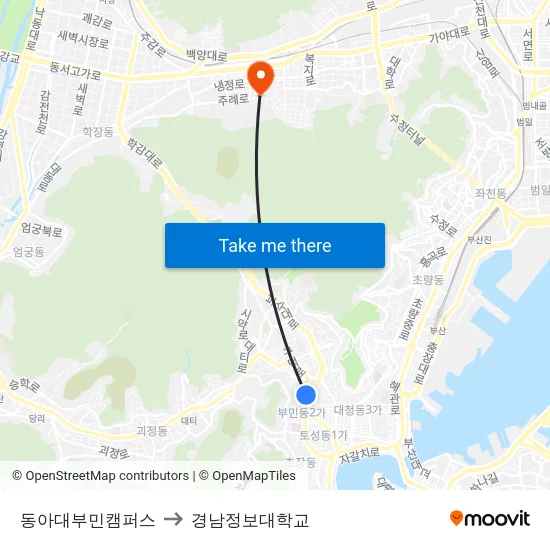 동아대부민캠퍼스 to 경남정보대학교 map