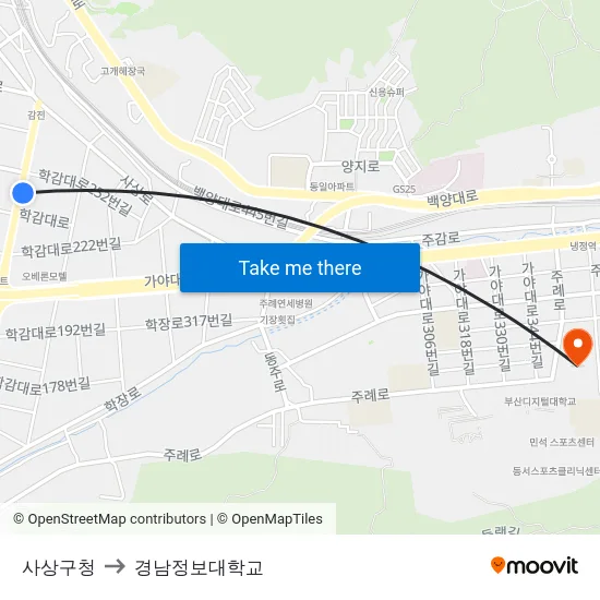 사상구청 to 경남정보대학교 map