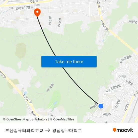 부산컴퓨터과학고교 to 경남정보대학교 map