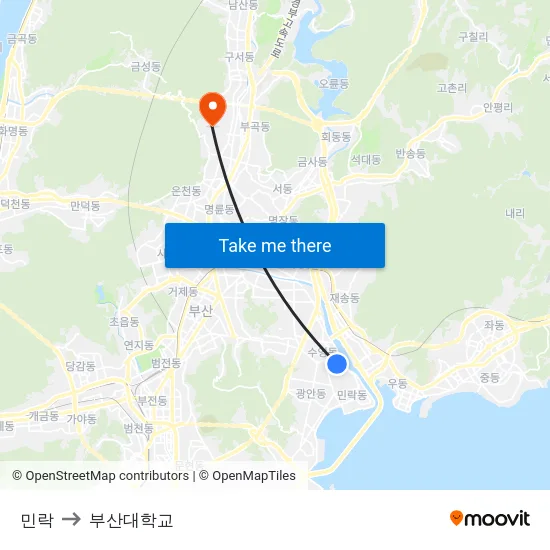 민락 to 부산대학교 map
