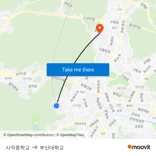 사직중학교 to 부산대학교 map