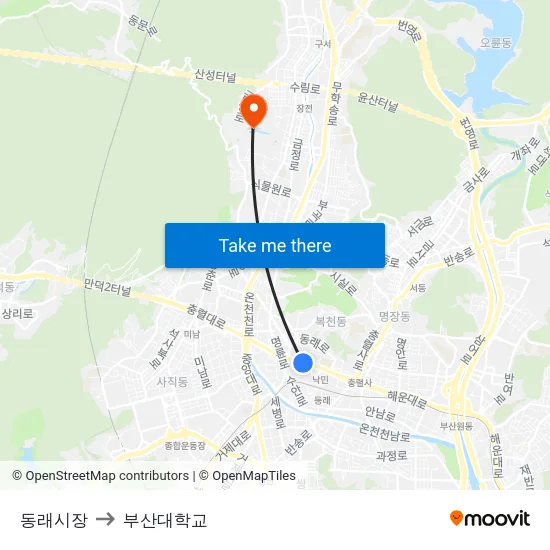 동래시장 to 부산대학교 map