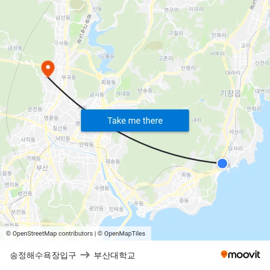 송정해수욕장입구 to 부산대학교 map