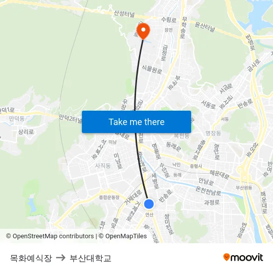 목화예식장 to 부산대학교 map