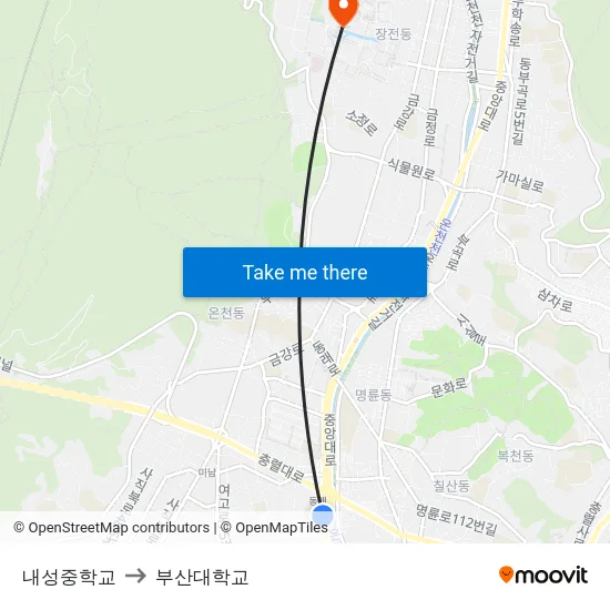 내성중학교 to 부산대학교 map