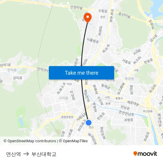 연산역 to 부산대학교 map