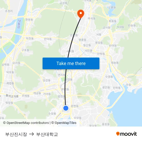 부산진시장 to 부산대학교 map