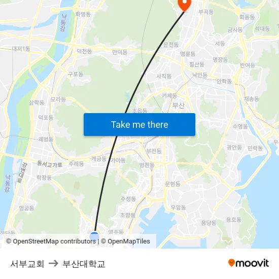 서부교회 to 부산대학교 map