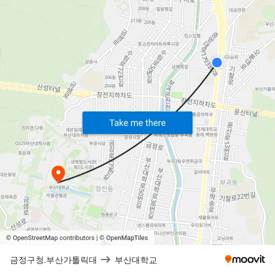 금정구청.부산가톨릭대 to 부산대학교 map