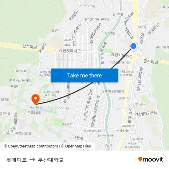 롯데마트 to 부산대학교 map