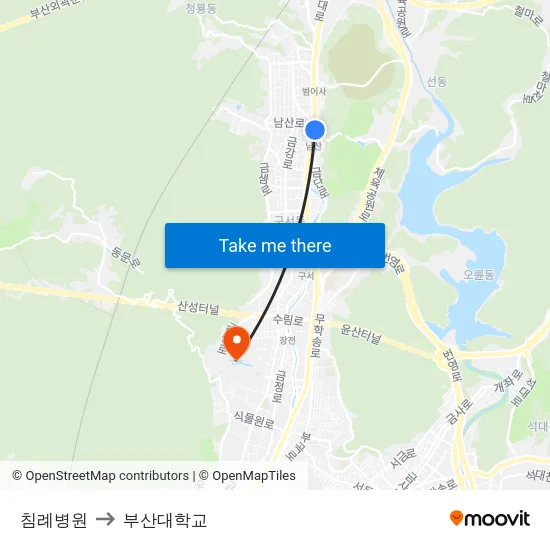 침례병원 to 부산대학교 map
