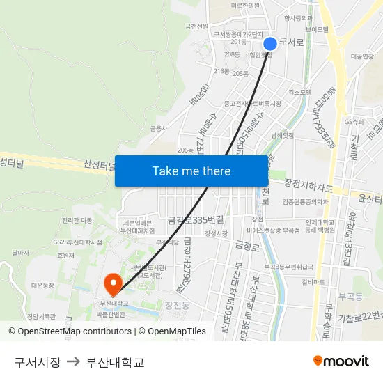 구서시장 to 부산대학교 map