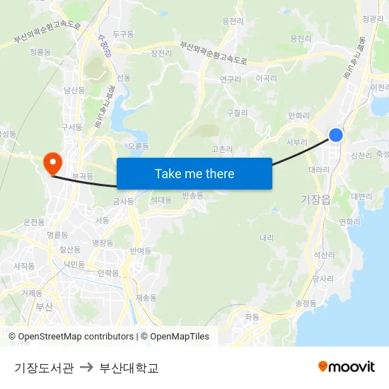 기장도서관 to 부산대학교 map