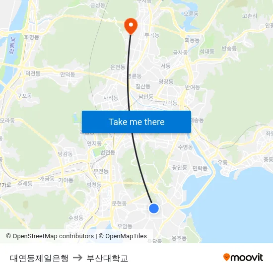 대연동제일은행 to 부산대학교 map