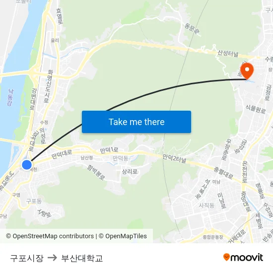 구포시장 to 부산대학교 map
