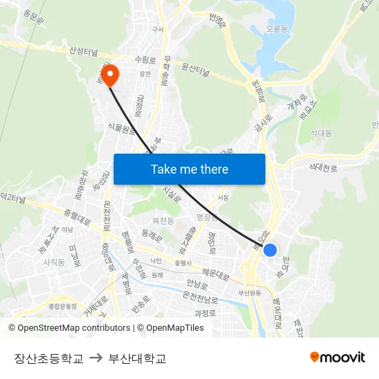 장산초등학교 to 부산대학교 map