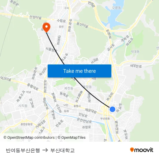 반여동부산은행 to 부산대학교 map