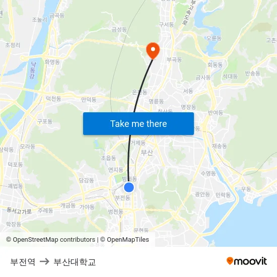부전역 to 부산대학교 map