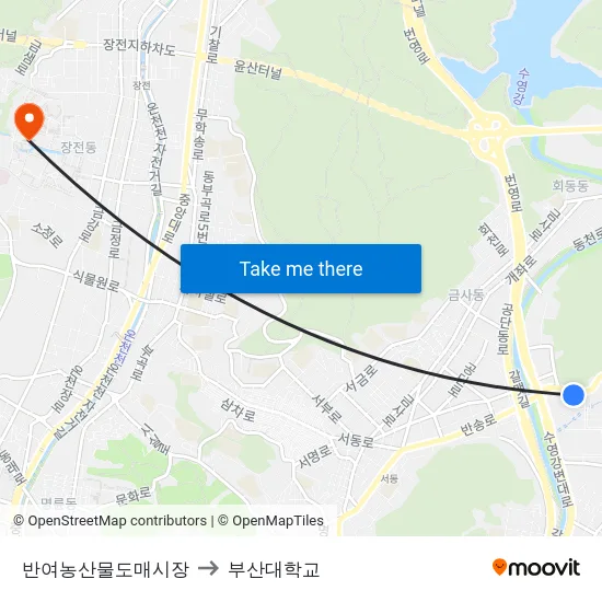 반여농산물도매시장 to 부산대학교 map