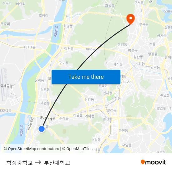 학장중학교 to 부산대학교 map