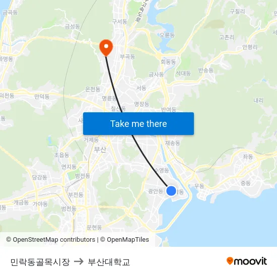 민락동골목시장 to 부산대학교 map