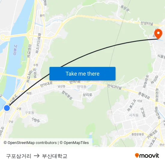 구포삼거리 to 부산대학교 map