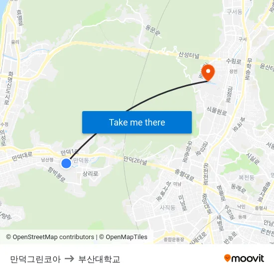 만덕그린코아 to 부산대학교 map