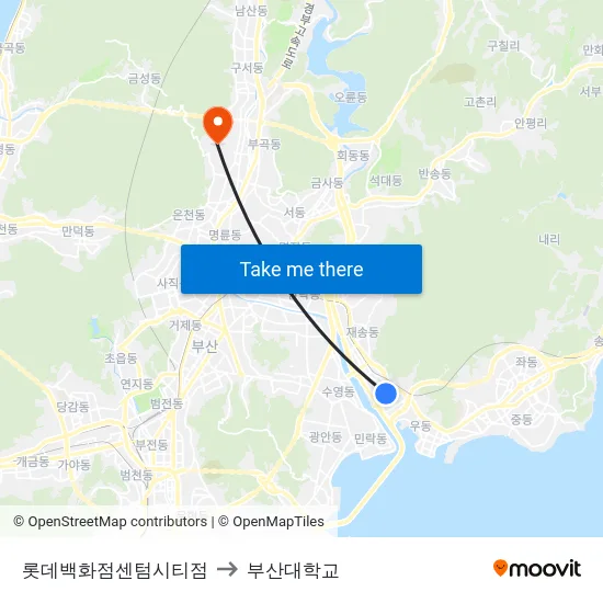 롯데백화점센텀시티점 to 부산대학교 map