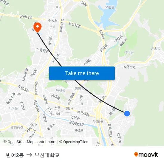 반여2동 to 부산대학교 map
