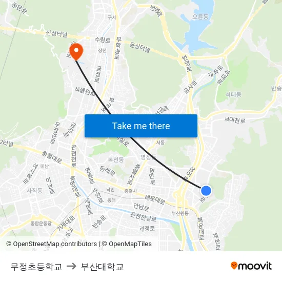 무정초등학교 to 부산대학교 map
