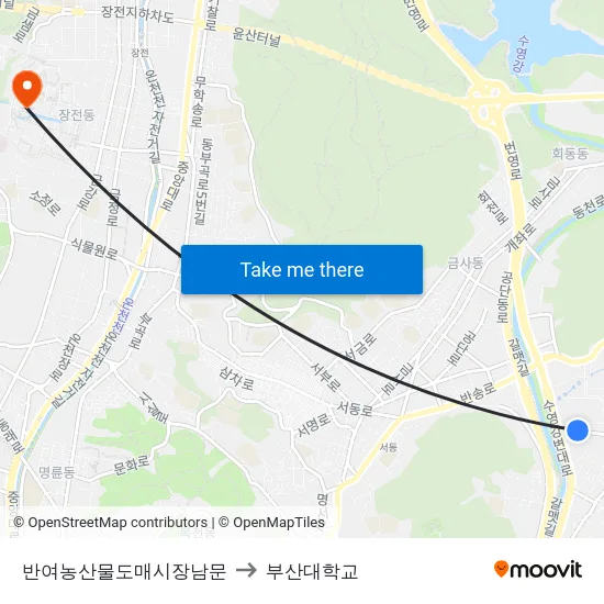 반여농산물도매시장남문 to 부산대학교 map