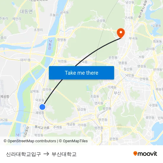 신라대학교입구 to 부산대학교 map