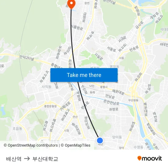 배산역 to 부산대학교 map