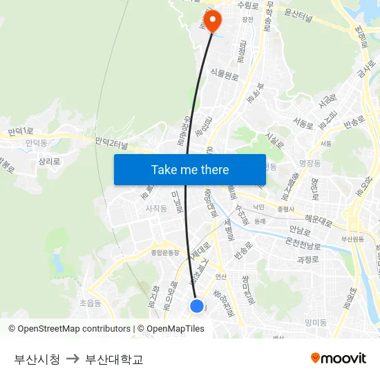 부산시청 to 부산대학교 map
