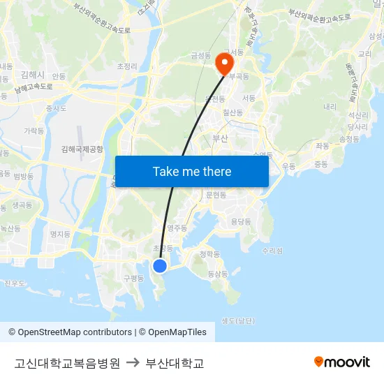 고신대학교복음병원 to 부산대학교 map