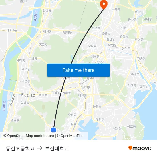 동신초등학교 to 부산대학교 map