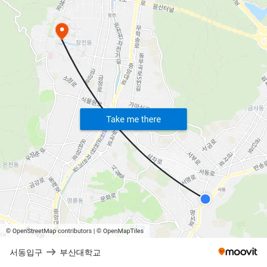 서동입구 to 부산대학교 map