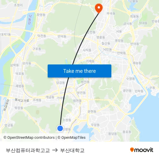 부산컴퓨터과학고교 to 부산대학교 map