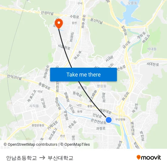 안남초등학교 to 부산대학교 map