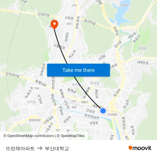 뜨란채아파트 to 부산대학교 map