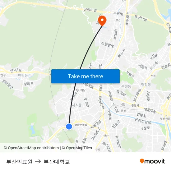 부산의료원 to 부산대학교 map