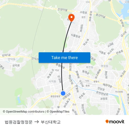 법원검찰청정문 to 부산대학교 map