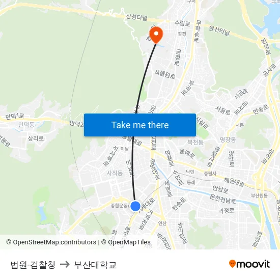 법원-검찰청 to 부산대학교 map