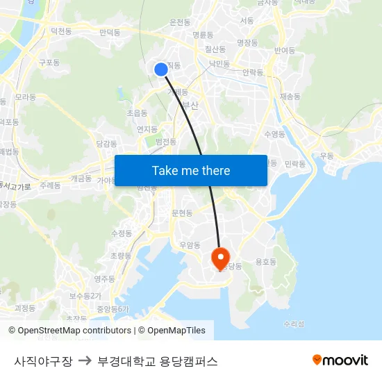 사직야구장 to 부경대학교 용당캠퍼스 map