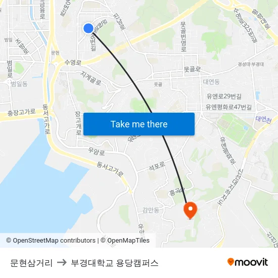 문현삼거리 to 부경대학교 용당캠퍼스 map
