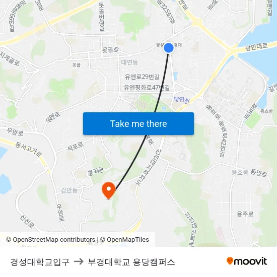 경성대학교입구 to 부경대학교 용당캠퍼스 map