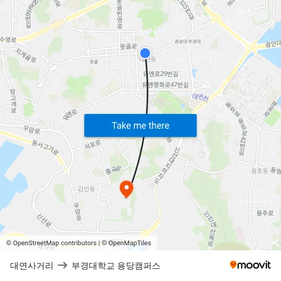 대연사거리 to 부경대학교 용당캠퍼스 map