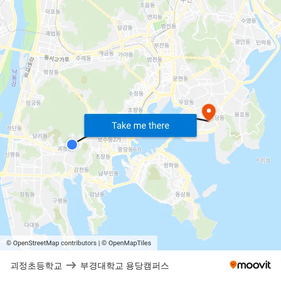 괴정초등학교 to 부경대학교 용당캠퍼스 map