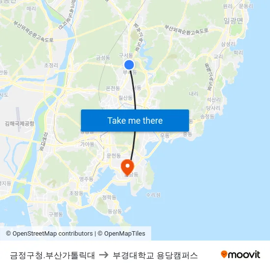 금정구청.부산가톨릭대 to 부경대학교 용당캠퍼스 map