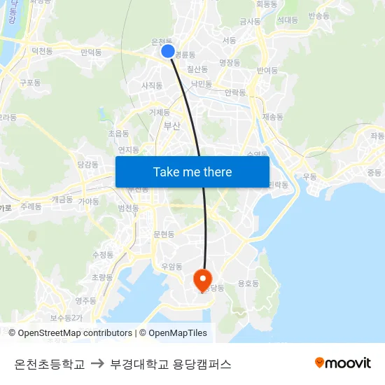 온천초등학교 to 부경대학교 용당캠퍼스 map